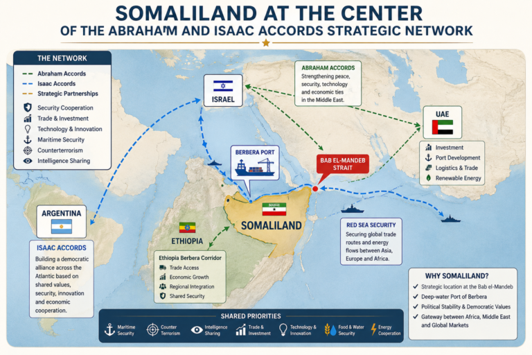 Map showing Isral, Argentina,U.A.E, Ethiopia and Somaliland connected through the Abraham Accords, Isaac Accords, Berbera Port and the Bab El Mandeb Strait
