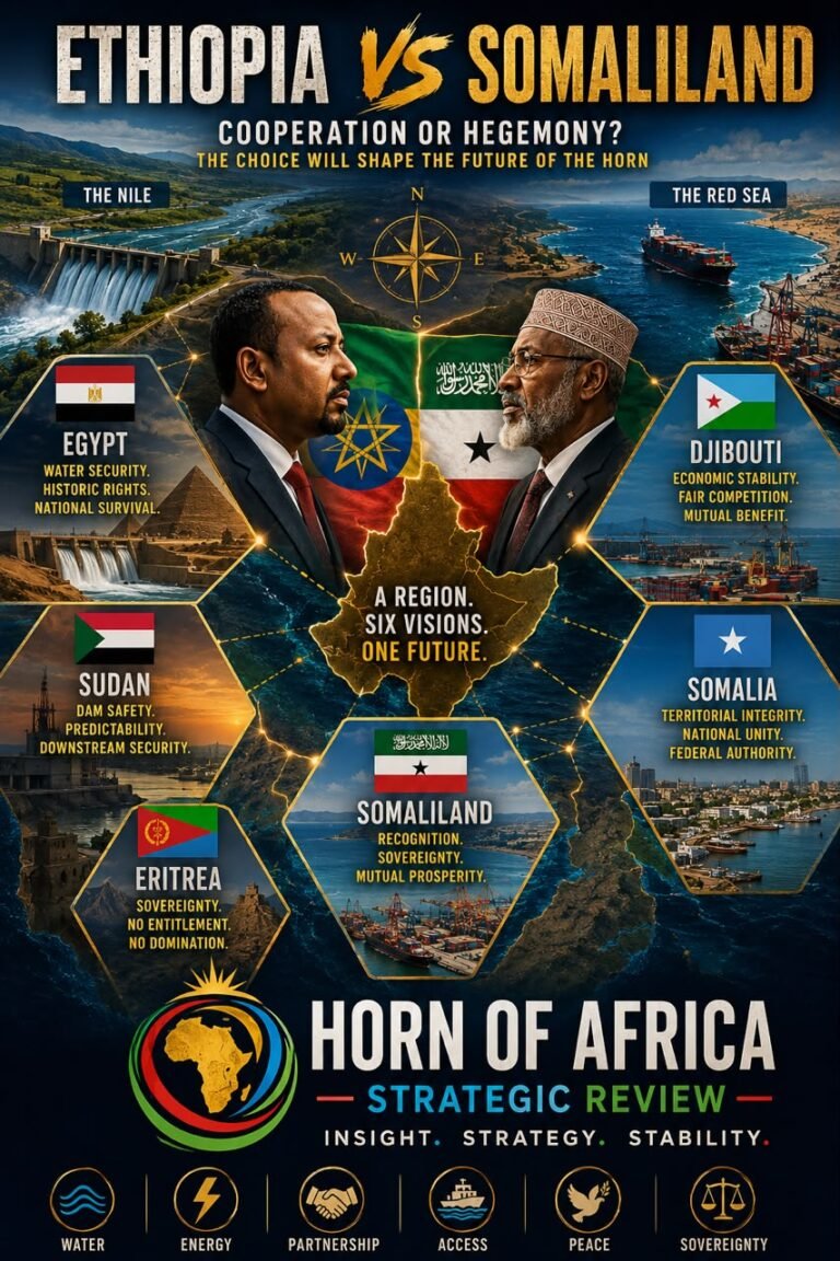 Illustration depicting Ethiopia and Somaliland at the center of competing geopolitical visions in the Horn of Africa, surrounded by Egypt, Sudan, Eritrea, Djibouti and Somalia, with the Nile and Red Sea highlighting regional strategic interests.