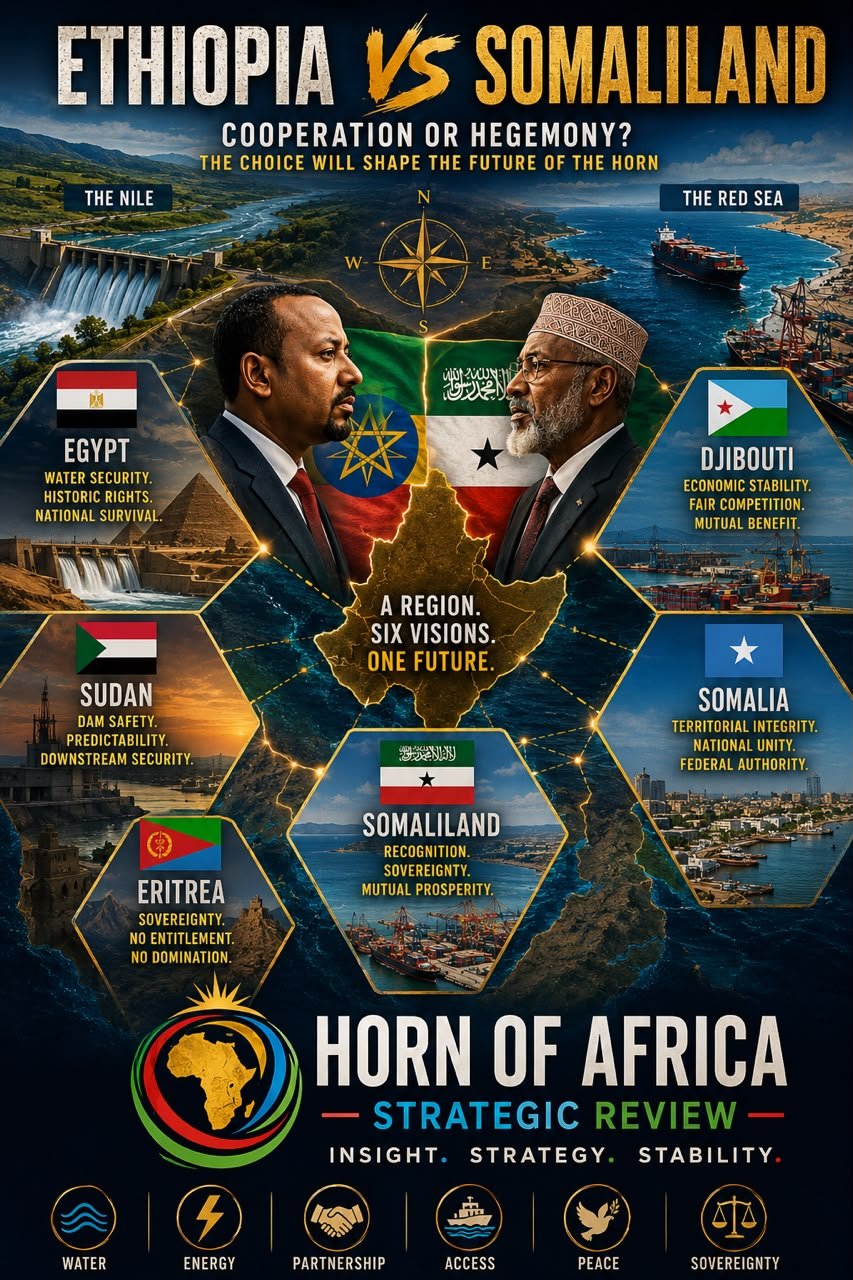 Illustration depicting Ethiopia and Somaliland at the center of competing geopolitical visions in the Horn of Africa, surrounded by Egypt, Sudan, Eritrea, Djibouti and Somalia, with the Nile and Red Sea highlighting regional strategic interests.