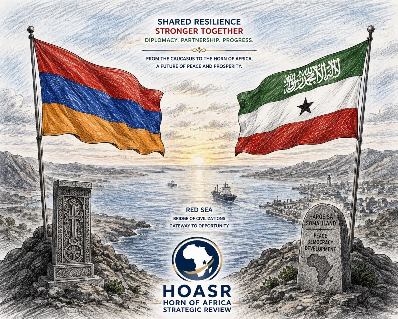 Flags of Armenia and Somaliland overlooking the Red Sea, symbolizing shared resilience, diplomacy and strategic partnership.