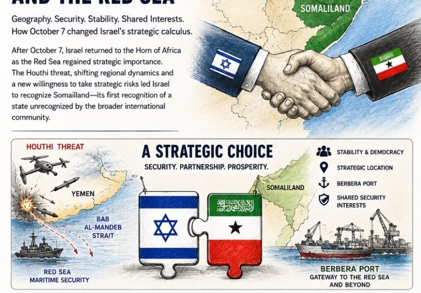 Geopolitical illustration of Israel strengthening relations with Somaliland to secure the Red Sea and counter Houthi threats