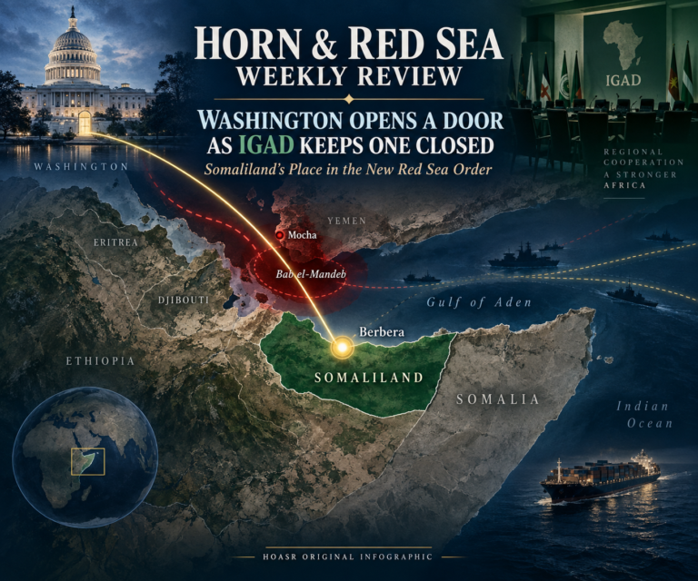 HOASR map showing Washington and IGAD diplomacy, Houthi control near Bab el-Mandeb and Berbera’s strategic position in Somaliland.