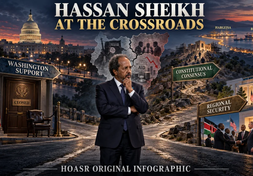 Hassan Sheikh Mohamud standing at a crossroads after his failed American mission as US support for Somalia weakens.