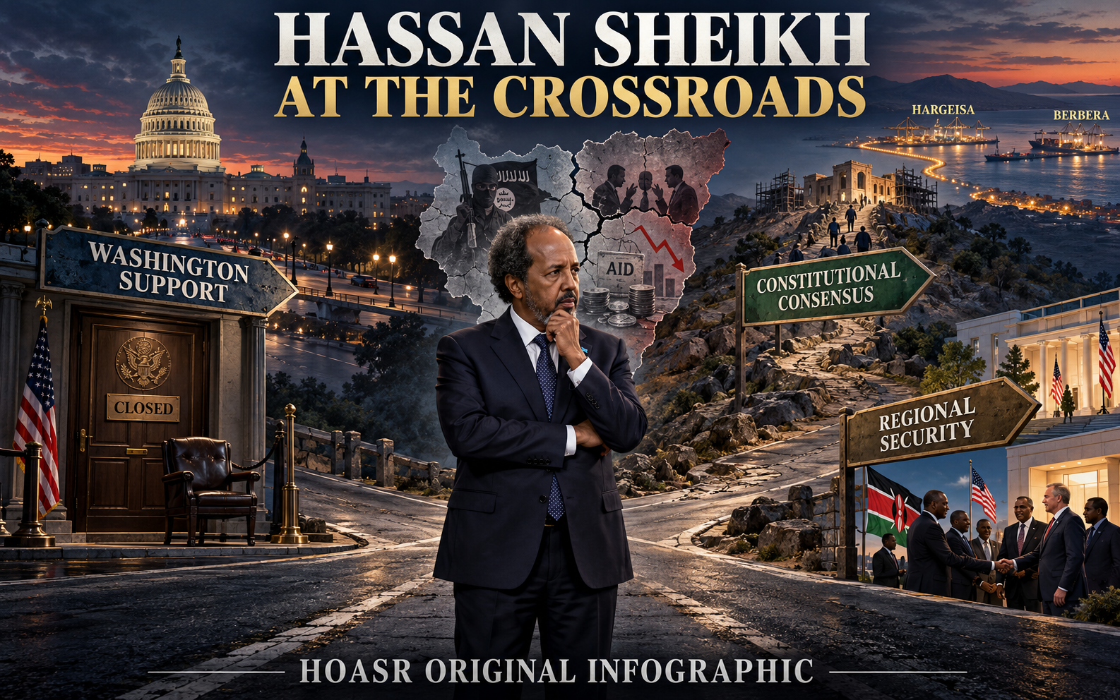 Hassan Sheikh Mohamud standing at a crossroads after his failed American mission as US support for Somalia weakens.