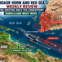 HOASR map showing Houthi-controlled Mocha, Dhubab and Perim opposite Somaliland and Berbera at Bab el-Mandeb