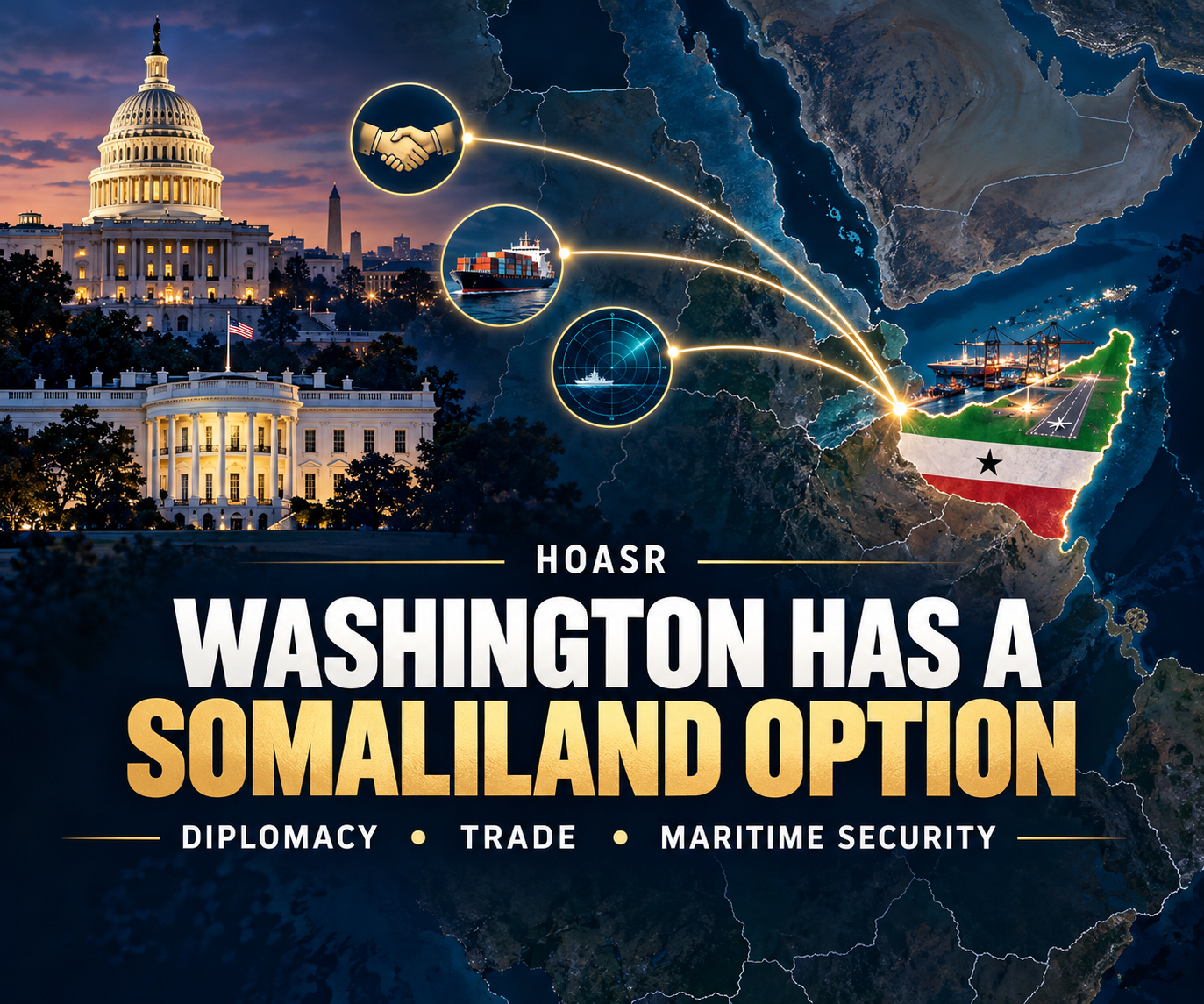 HOASR infographic connecting Washington with Somaliland and Berbera through diplomacy, trade and maritime security.