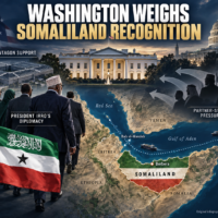 HOASR infographic showing Washington weighing Somaliland recognition amid Pentagon support, President Irro’s diplomacy and partner-state pressure.