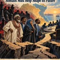 Illustrated Somali Ethiopian civilians stand on fractured ground beside political negotiators and chess pieces beneath a warning about Ethiopia’s future.