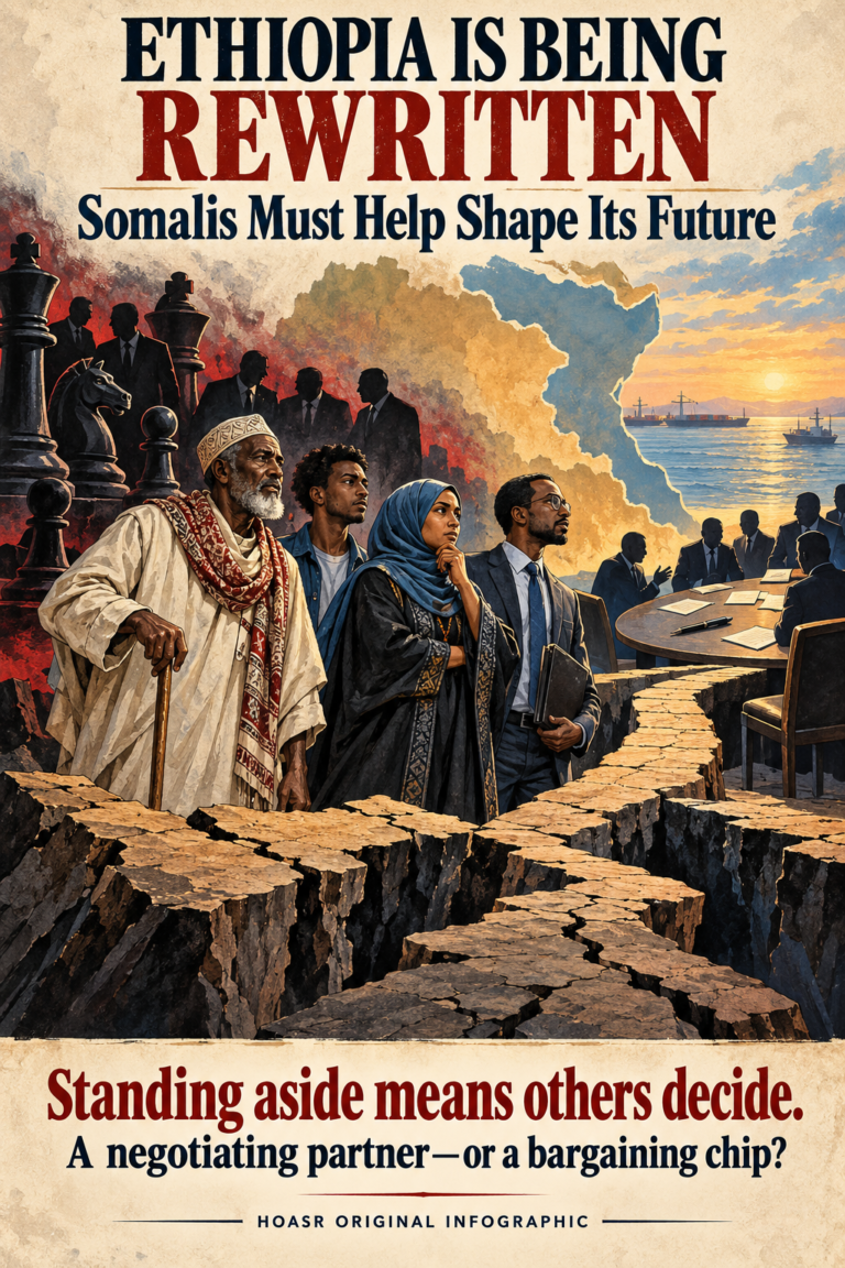 Illustrated Somali Ethiopian civilians stand on fractured ground beside political negotiators and chess pieces beneath a warning about Ethiopia’s future.