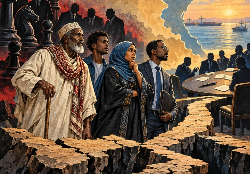 Illustrated Somali Ethiopian civilians stand on fractured ground beside political negotiators and chess pieces beneath a warning about Ethiopia’s future.