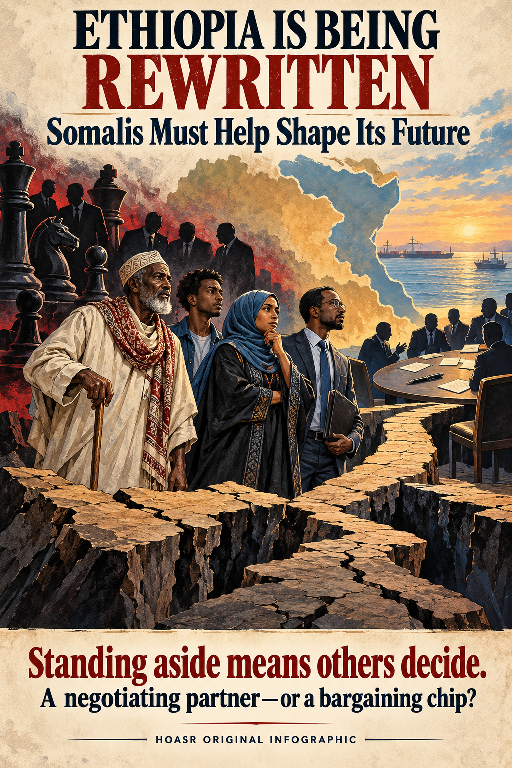 Illustrated Somali Ethiopian civilians stand on fractured ground beside political negotiators and chess pieces beneath a warning about Ethiopia’s future.