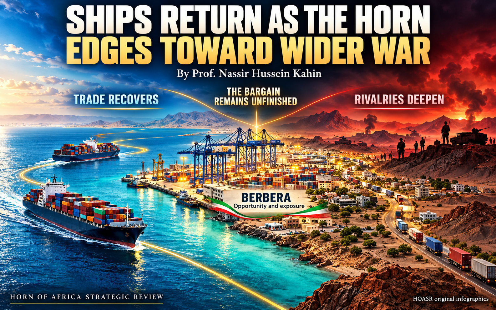 Container ships approach Berbera port in a symbolic HOASR illustration contrasting recovering trade with rising military tensions in the Horn of Africa