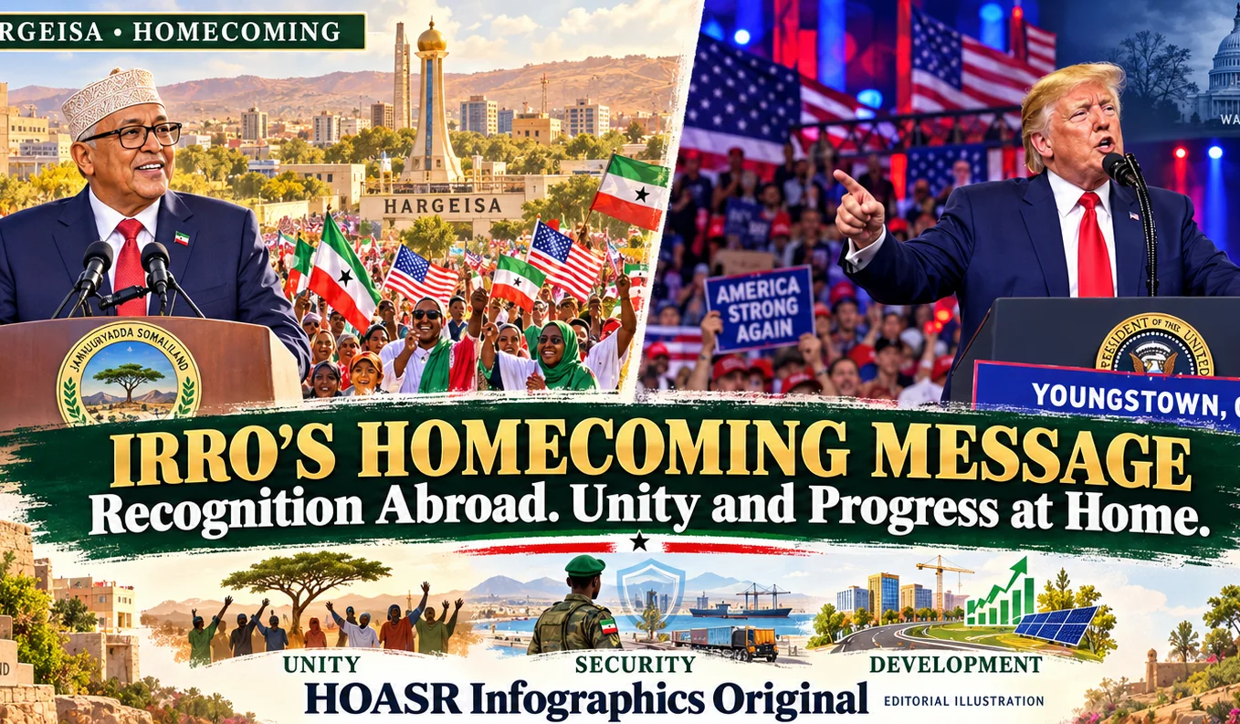 HOASR illustration of President Irro in Hargeisa with flag-waving crowds, alongside Trump at his Youngstown rally and Washington landmarks.